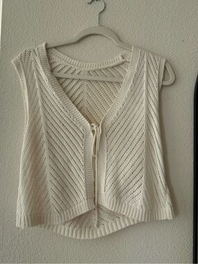 Ivory Pointelle Knit Tie Front Sweater Vest Cropped Coquette Cottagecore